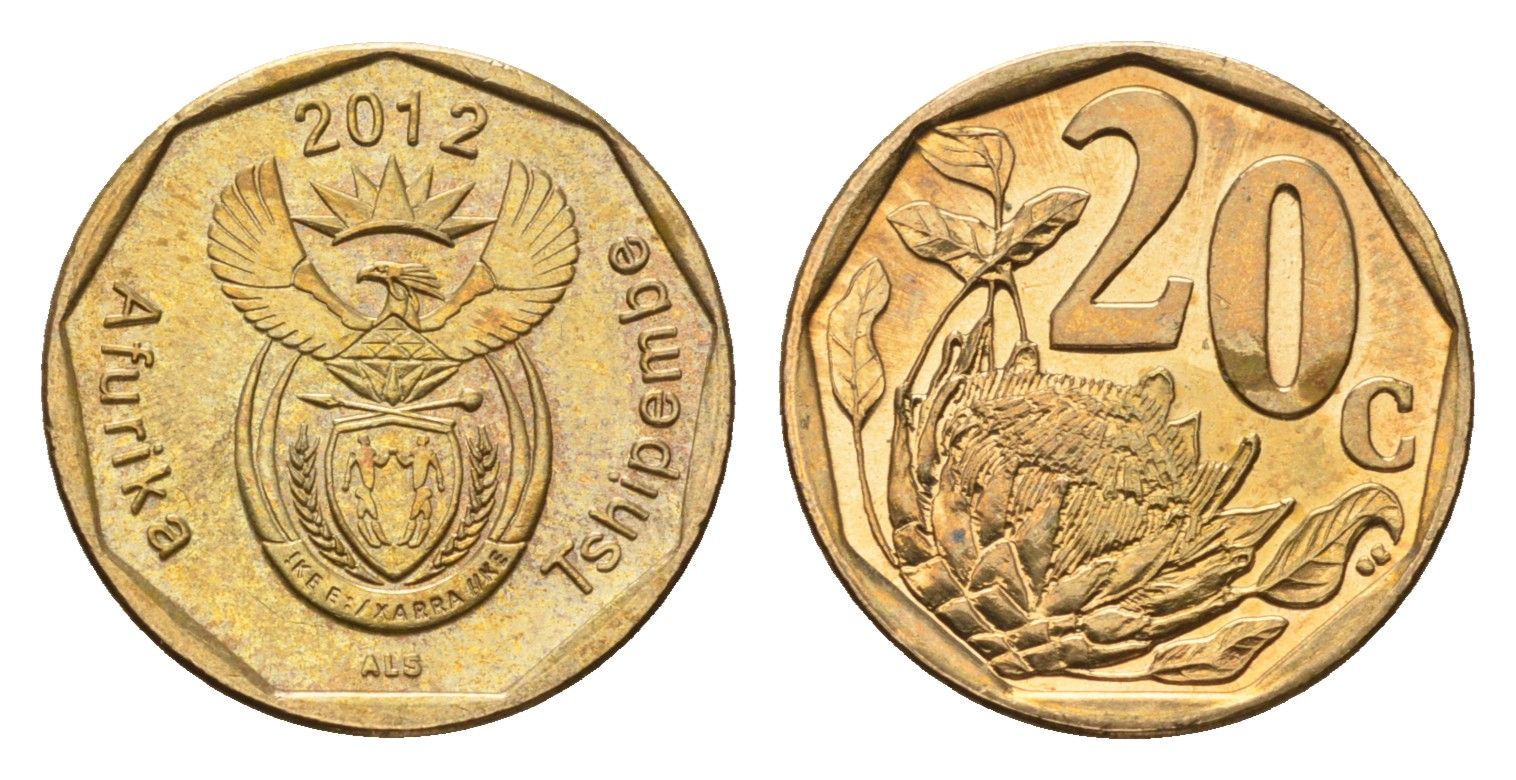 ЮАР 20 центов 2012 герб, цветок протея KM 466 сталь плакированная бронзой UNC 4690-1036