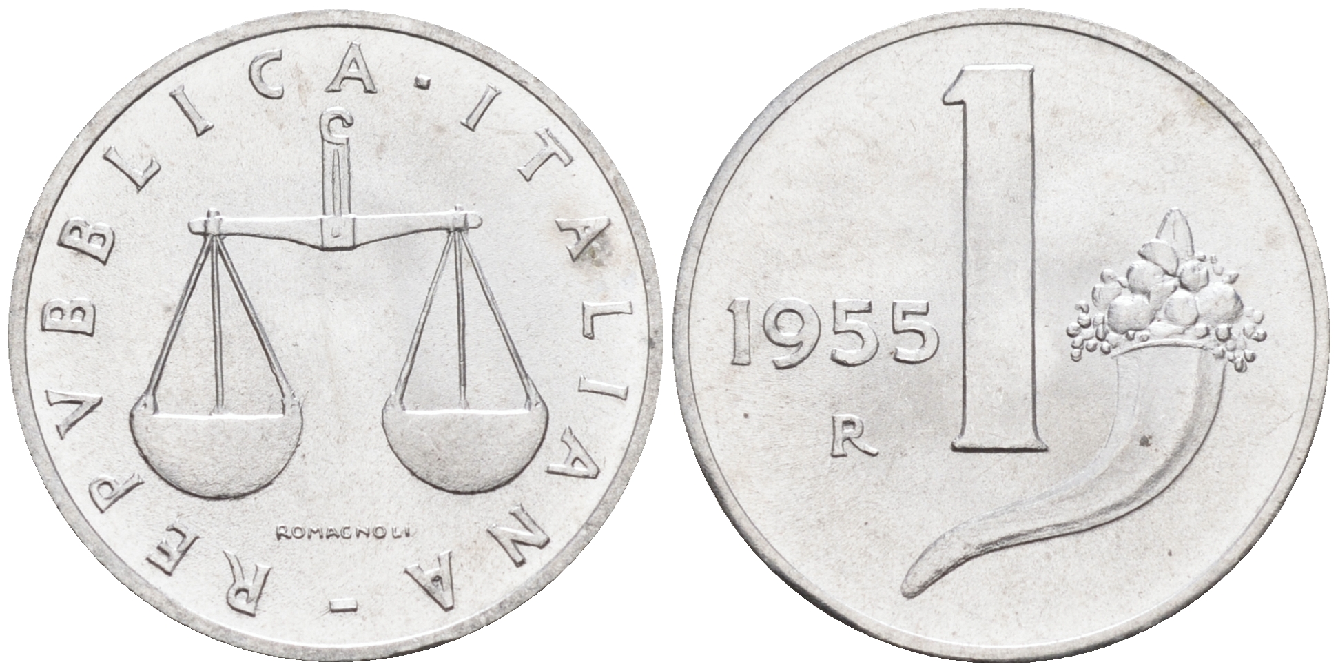 Италия 1 лира 1955 R, весы KM 91 алюминий  UNC  4594-656