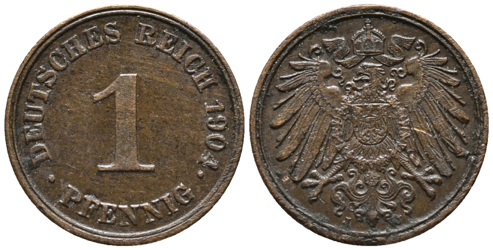 ГЕРМАНИЯ 1 ПФЕННИГ 1904 J KM 10, J. 10 медь 100-1251