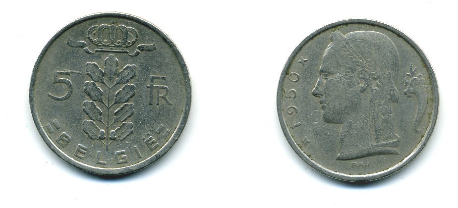 БЕЛЬГИЯ 5 ФРАНКОВ 1950 BELGIE KM 135.1 медно-никель 57-931