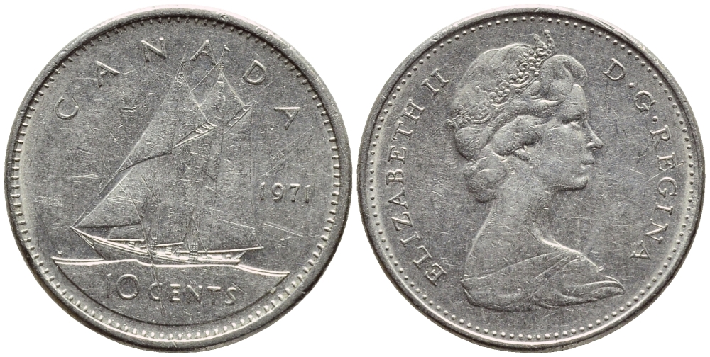 КАНАДА 10 ЦЕНТОВ 1971 ПАРУСНИК KM 77.1 никель 4396-432
