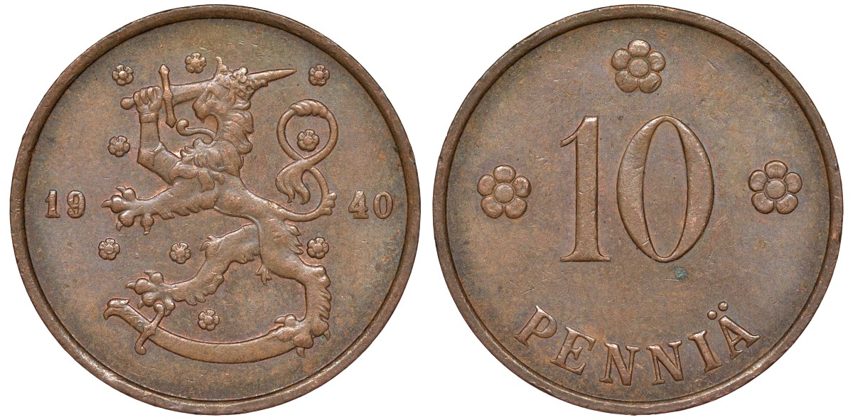 Финляндия 10 пенни 1940 республика (1918-1962) KM 24 медь 51-3256