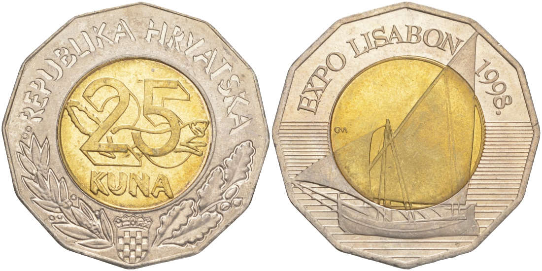 Хорватия 25 кун 1998 выставка в Лиссабоне, ЭКСПО 1998, парусник KM 63 биметалл UNC 4149-1015