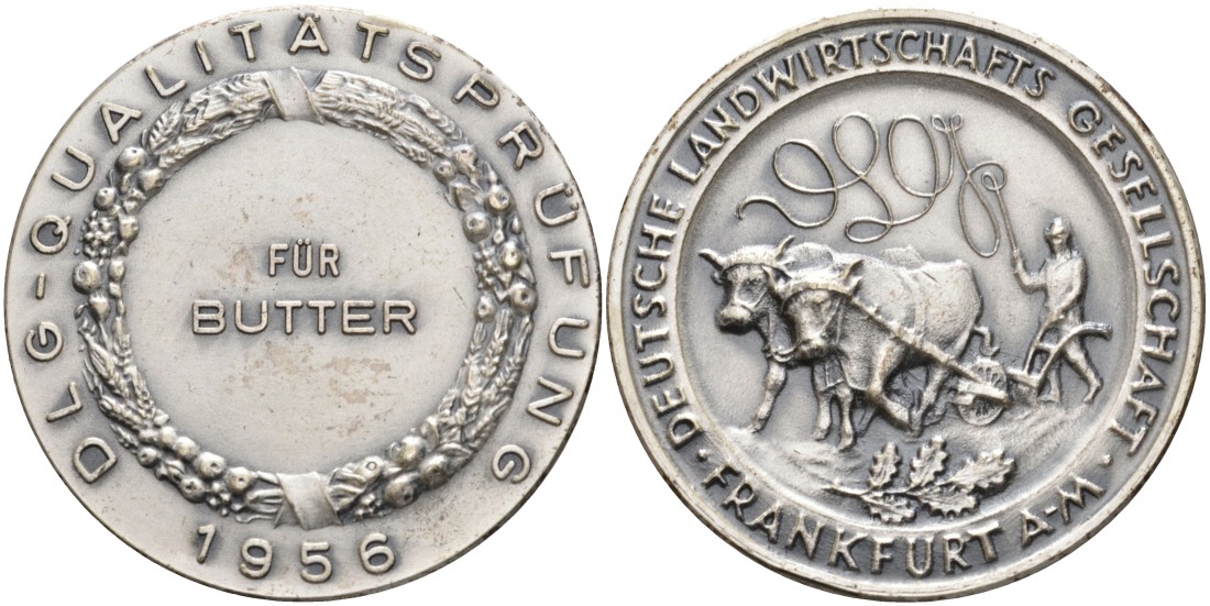 Германия, Франкфурт на Майне медаль 1956 СЕЛЬСКОХОЗЯЙСТВЕННОГО ОБЩЕСТВА Франкфурта, ПРИЗ КОНТРОЛЯ КАЧЕСТВА ЗА СЛИВОЧНОЕ МАСЛО, диаметр 39,5 мм., DLG белый металл 00-00