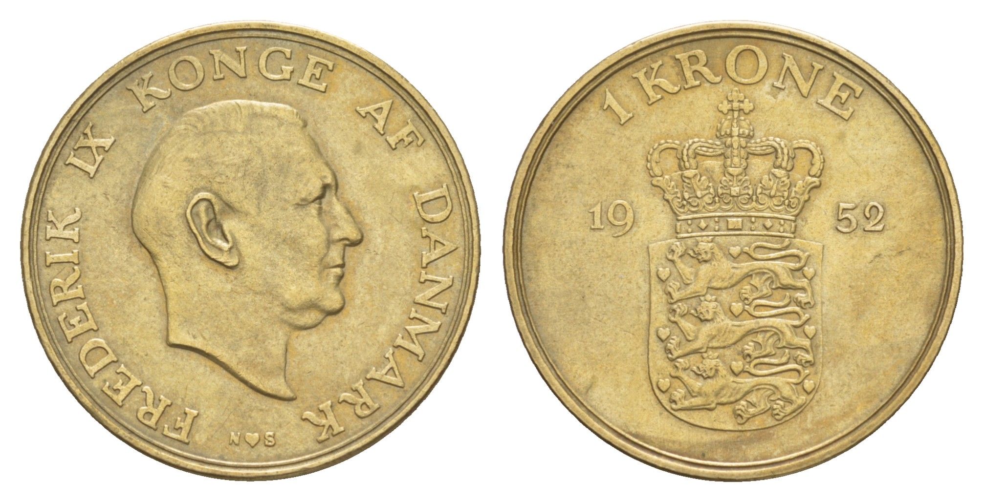 Дания 1 крона 1952 N, Кристиан X (1912-1947) KM 837 алюминиевая бронза 4654-744