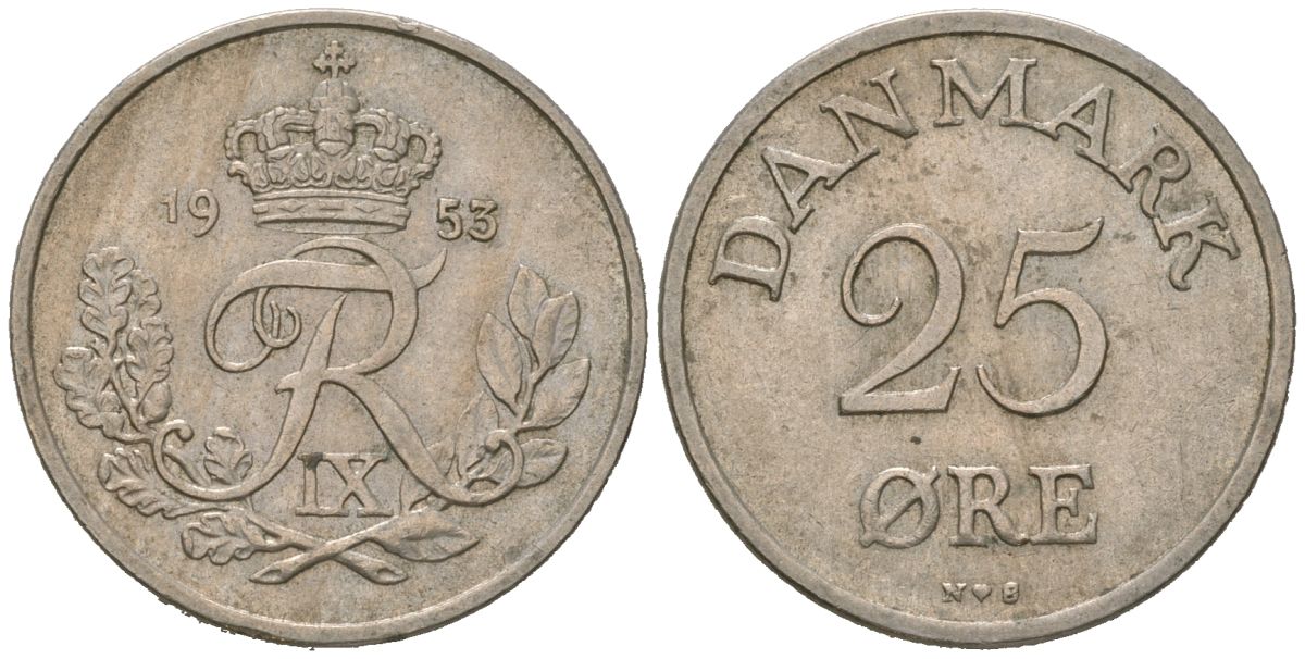 Дания 25 эре 1953 N; S, Фредерик IX (1947-1972) KM 842 медно-никель 4618-364