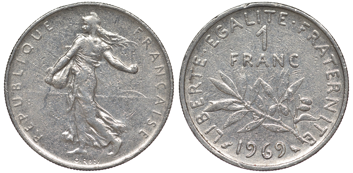 Франция 1 франк 1969 сеятель KM 925.1 никель 25-2352