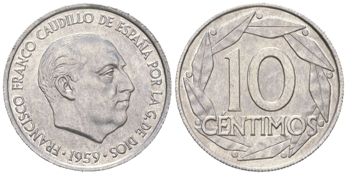 Испания 10 сентимо 1959 Франсиско Франко (1939-1975) KM 790 алюминий UNC 261-566