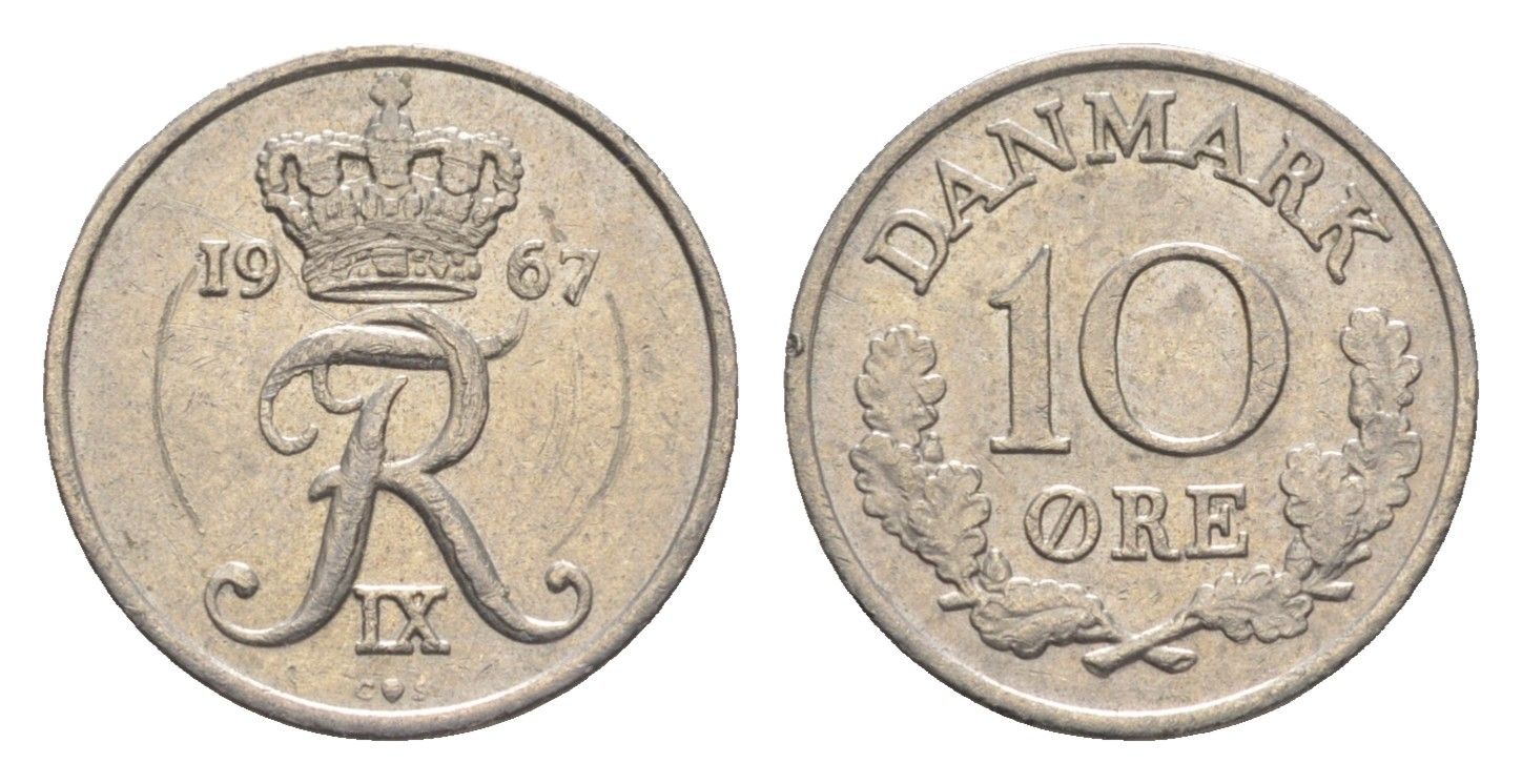 Дания 10 эре 1967 C; S, Фредерик IX (1947-1972) KM 849 медно-никель 4651-456