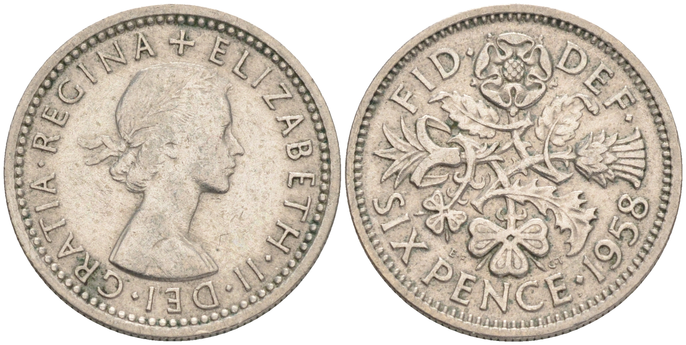 Великобритания 6 пенсов 1958 Елизавета II (1952-2022) KM 903, Spink 4149 медно-никель 192-819