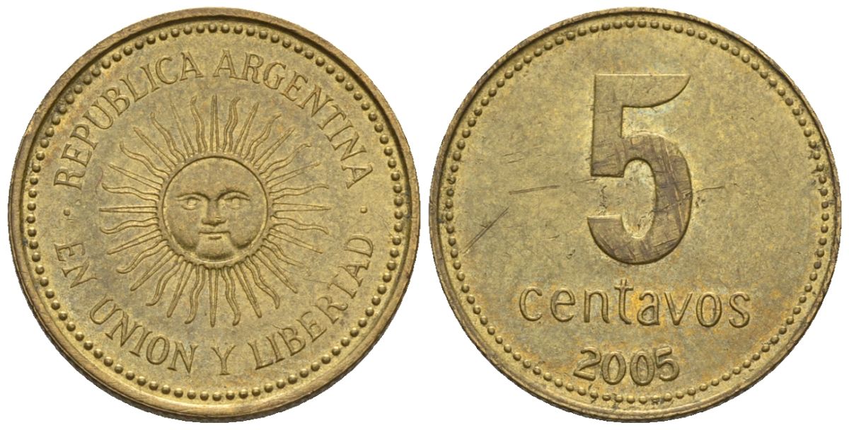 Аргентина 5 сентаво 2005 майское солнце KM 109, CJ 2, Schon 109 алюминиевая бронза 4609-1243