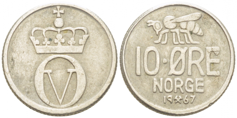Норвегия 10 эре 1967 пчела, Улаф V (1958-1991) KM 411 медно-никель 3955-217