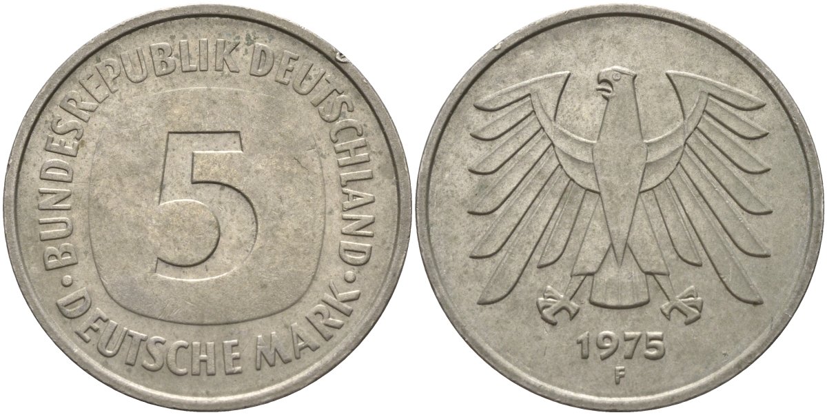 ФРГ 5 марок 1975 F, монетный двор Штутгарт КМ 140.1, J. 415 медно-никель плакированный никелем 4139-121
