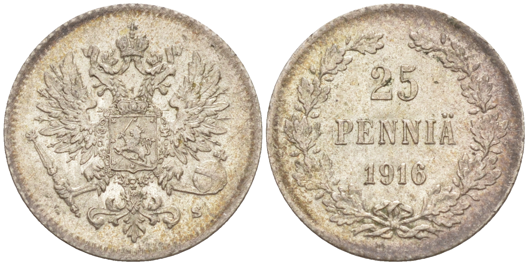 Россия для Финляндии 25 пенни 1916 S, Николай II (1894-1917) KM 6.2, Биткин 421 серебро 63-355