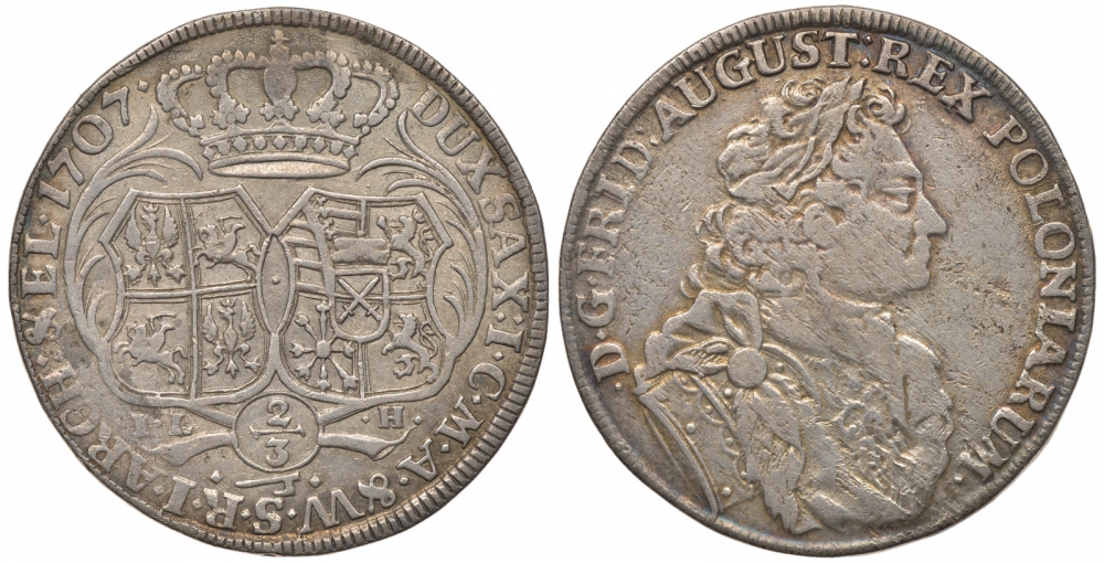 Саксония 2/3 талера 1707 I.L.H. Фридрих Август I KM 744, Dav. 821, Kohl 356, Kahnt 123b, Slg. Mers. 1451 R серебро 00-000-00