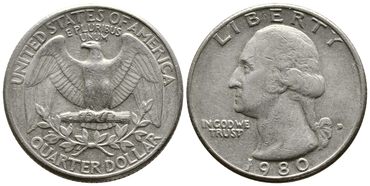 США 25 центов (квотер) 1980 D, Вашингтон KM А164а медь плакированная медно-никелем 57-1033