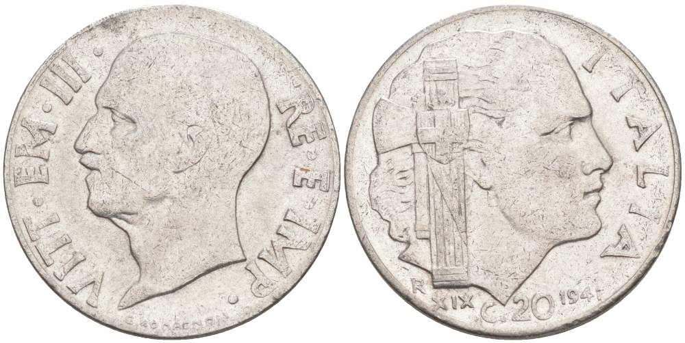 ИТАЛИЯ 20 ЧЕНТЕЗИМО 1941 R, ГОД XIX, ВИКТОР ЭММАНУИЛ III (1900-1946) KM 75b, VEM3. 1028 нержавеющая сталь 3853-644