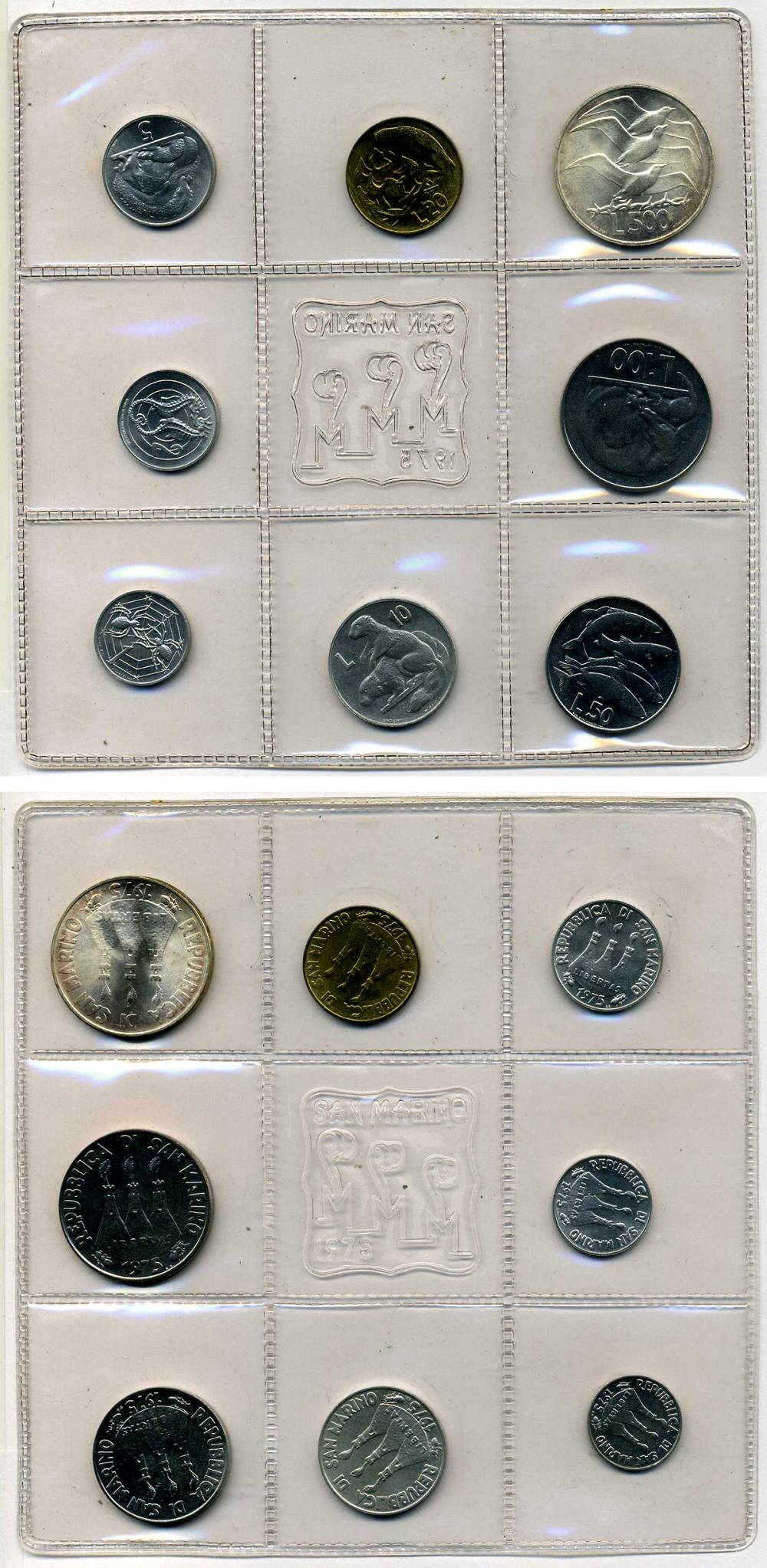 Сан-Марино годовой набор из 8 монет 1975 1, 2, 5, 10, 20, 50, 100 и 500 лир чайки летят над морскими гребнями KM 40-47, в оригинальной пластиковой запайке KM MS5 серебро UNC  7-6-1-14