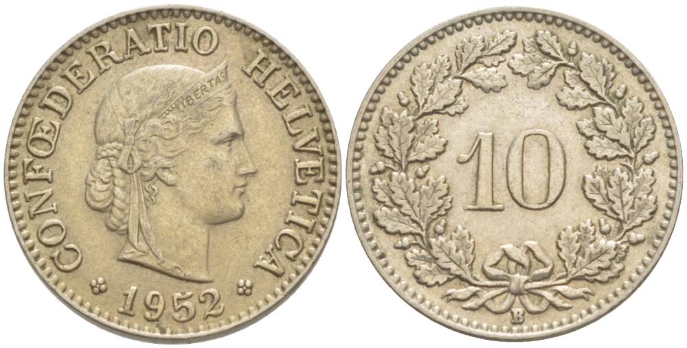 ШВЕЙЦАРИЯ 10 РАППЕНОВ 1952 В KM 27 медно-никель 216-1245