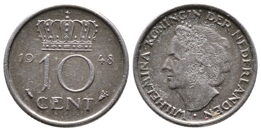 Нидерланды 10 центов 1948 Вильгельмина (1895-1948) KM 177 никель 177-523