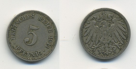 Германия 5 пфеннигов 1911 A KM 11, J. 12, Weege 6 медно-никель 23-1416