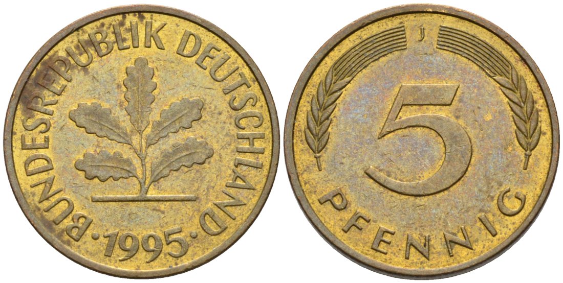 ФРГ 5 ПФЕННИГОВ 1995 J КМ 107, J. 382 сталь плакированная латунью 4567-546