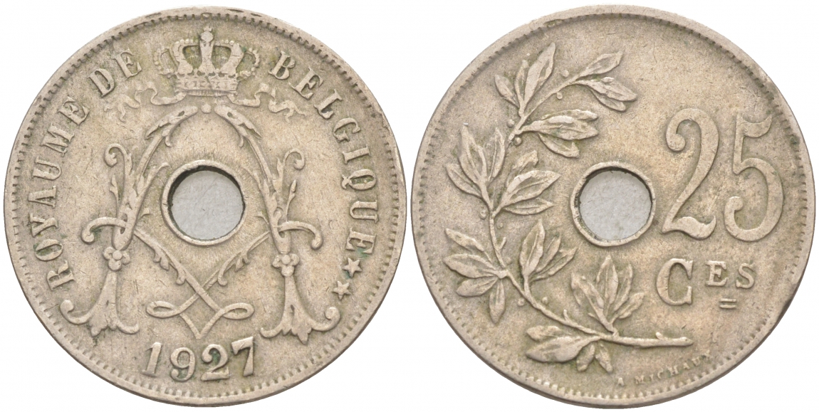 БЕЛЬГИЯ 25 САНТИМОВ 1927 BELGIQUE KM 68.1 медно-никель 68-321