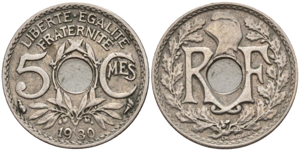 Франция 5 сантимов 1930 KM 875 медно-никель 4596-611