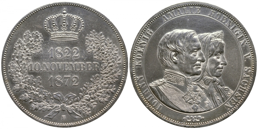 Саксония 2 талера 1872 В, золотая свадьба KM 1231.2, AKS 160, Dav. 899, Kahnt 479 серебро 00-815-68