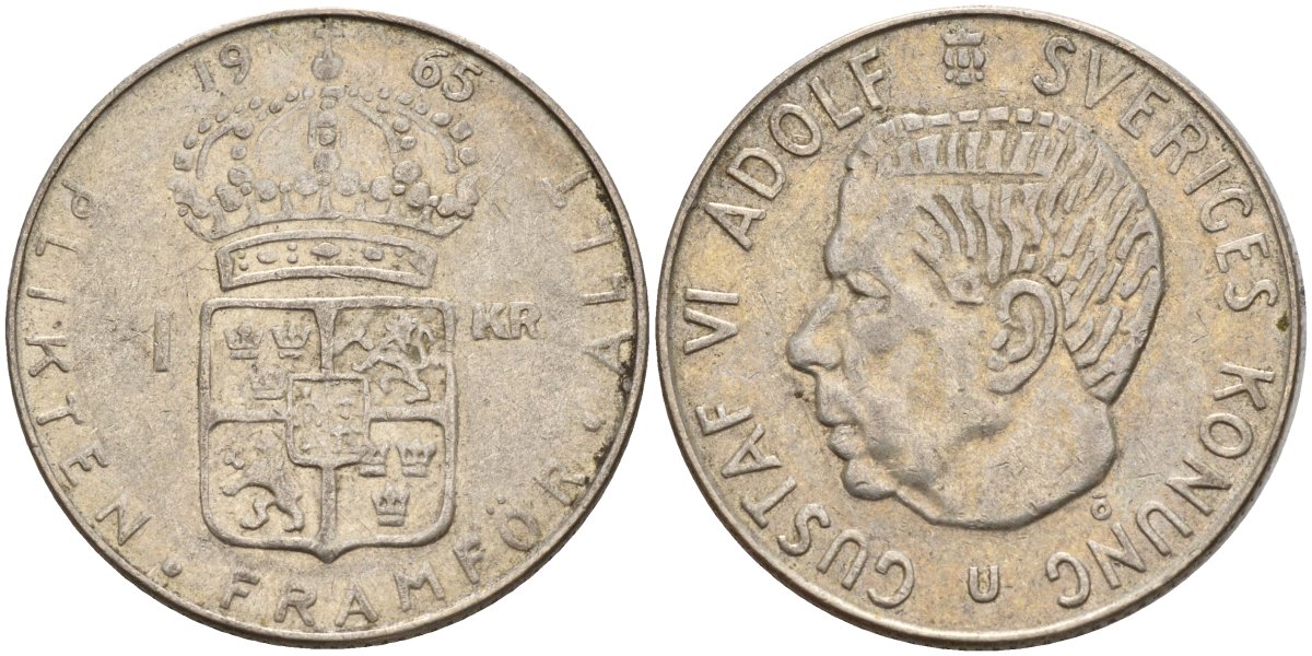 Швеция 1 крона 1965 U, Густав VI Адольф (1950-1973) KM 826 серебро 4150-147