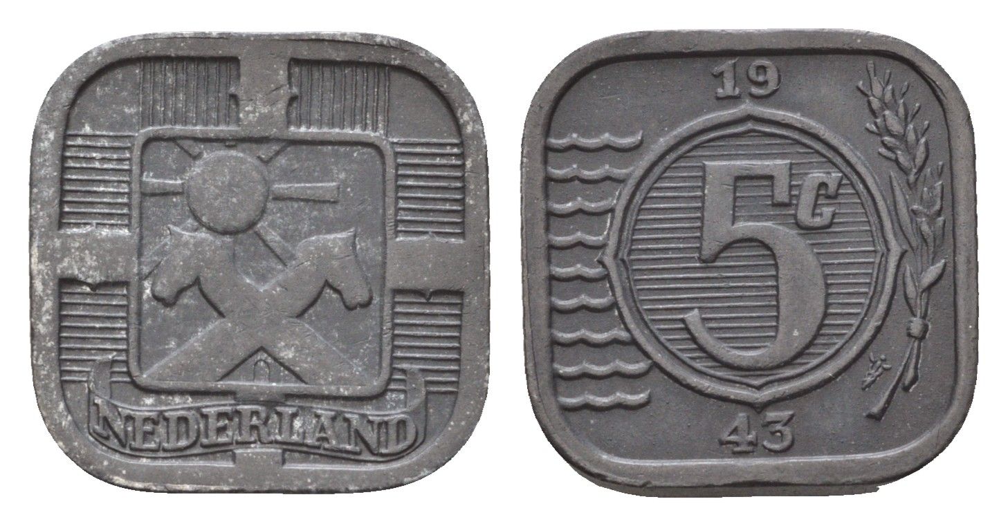 Нидерланды 5 центов 1943 Вильгельмина (1890-1948) KM 172 цинк 44-1129