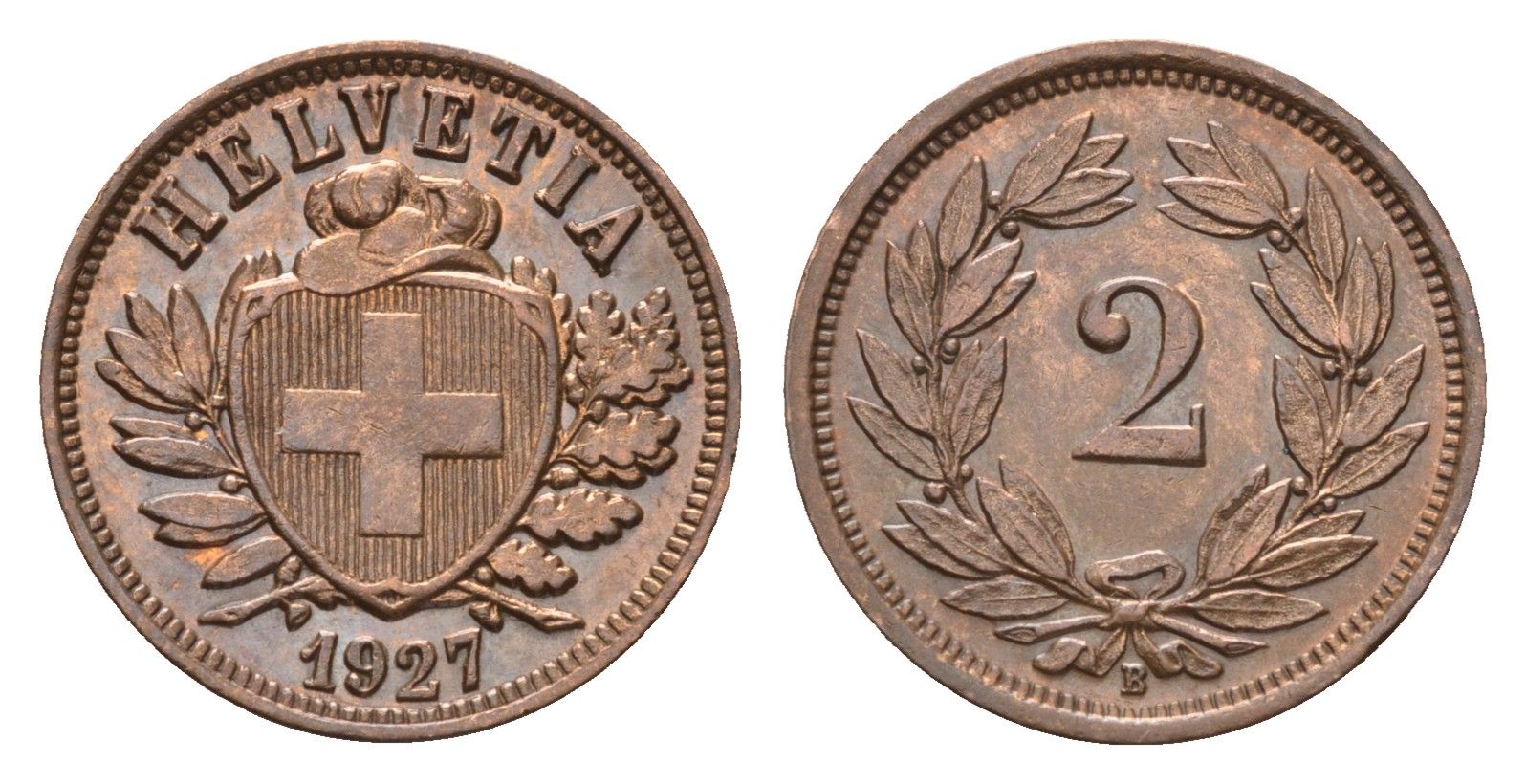 Швейцария 2 раппена 1927 B KM 4.2 бронза 1528-444