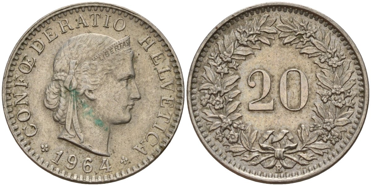 Швейцария 20 раппенов 1964 B KM 29a медно-никель 4187-553