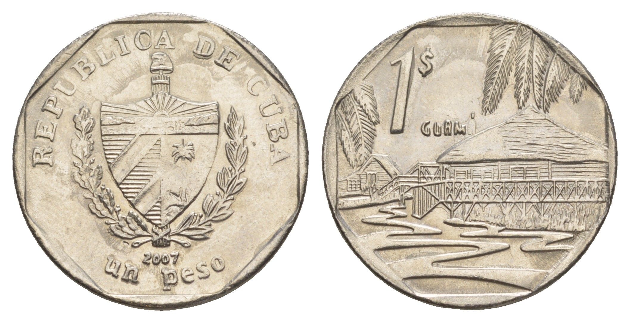 Куба 1 песо 2007 хижины Гуама KM 579 сталь плакированная никелем 4646-455