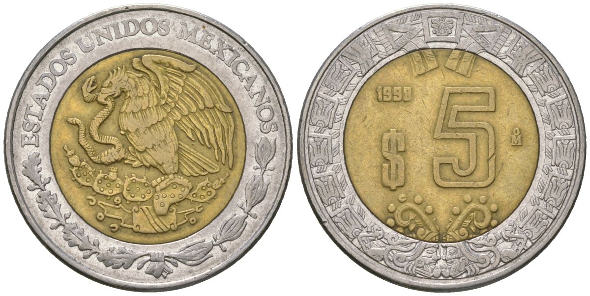 Мексика 5 песо 1998 M KM 605 биметалл 4591-233