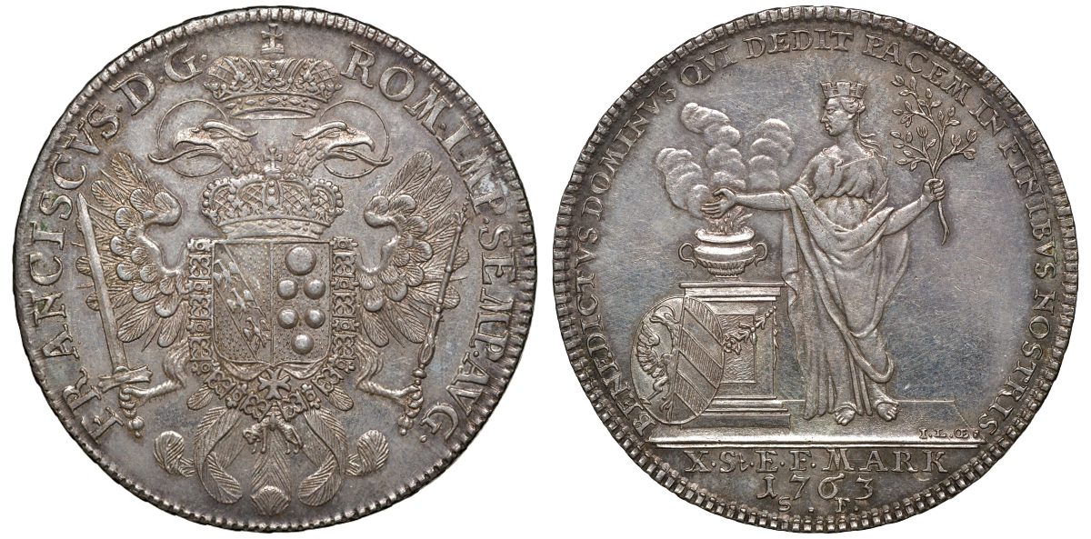 Нюрнберг 1 конвенцталер 1763 с титулом Франца I, черезвычайно редкий в такой сохранности Dav. 2488, Kellner 340 серебро XF-UNC 10-017-08