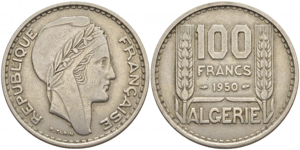 Алжир, Французский 100 франков 1950 KM 93 медно-никель 51-1416