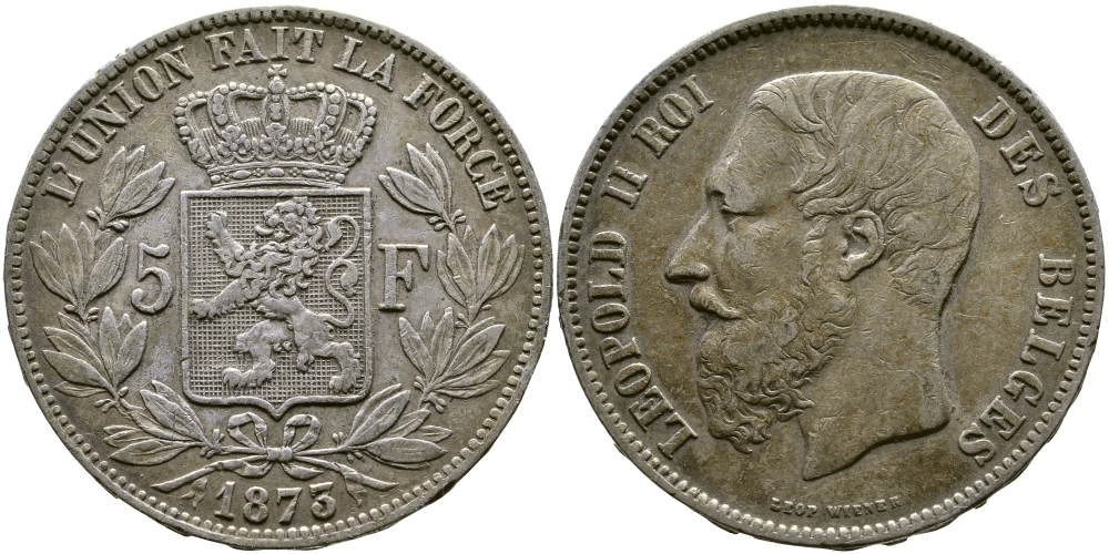 Бельгия 5 франков 1875 Леопольд II (1865-1909) KM 24 серебро 603-1422