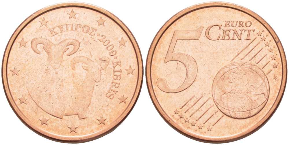 Кипр 5 евроцентов 2009 два муфлона KM 80 сталь плакированная медью UNC 99-147