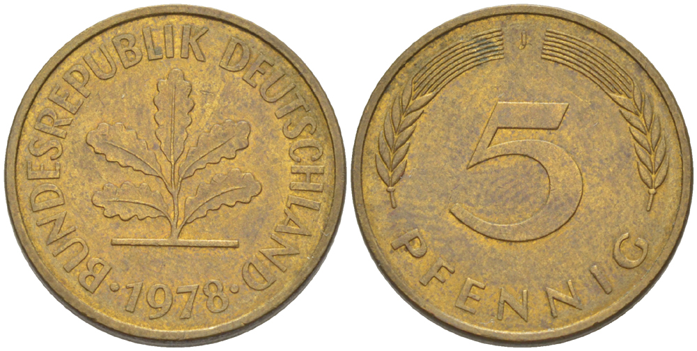 ФРГ 5 ПФЕННИГОВ 1978 J KM 107, J. 382 сталь плакированная латунью 4181-958