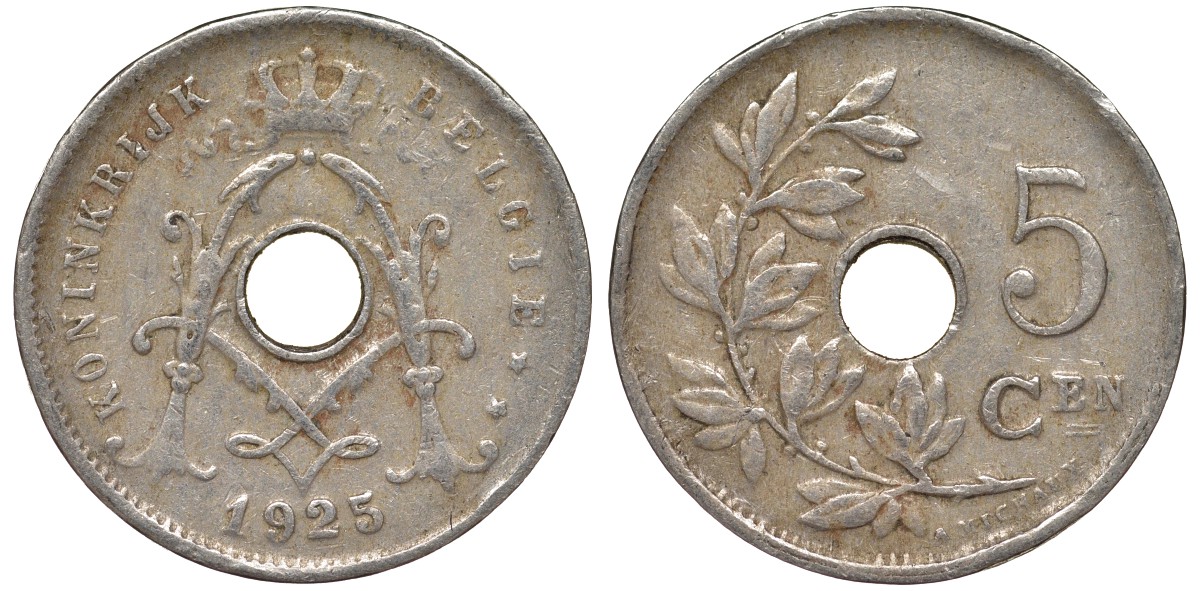 Бельгия 5 сантимов 1925 Belgie KM 67 медно-никель 4164-265