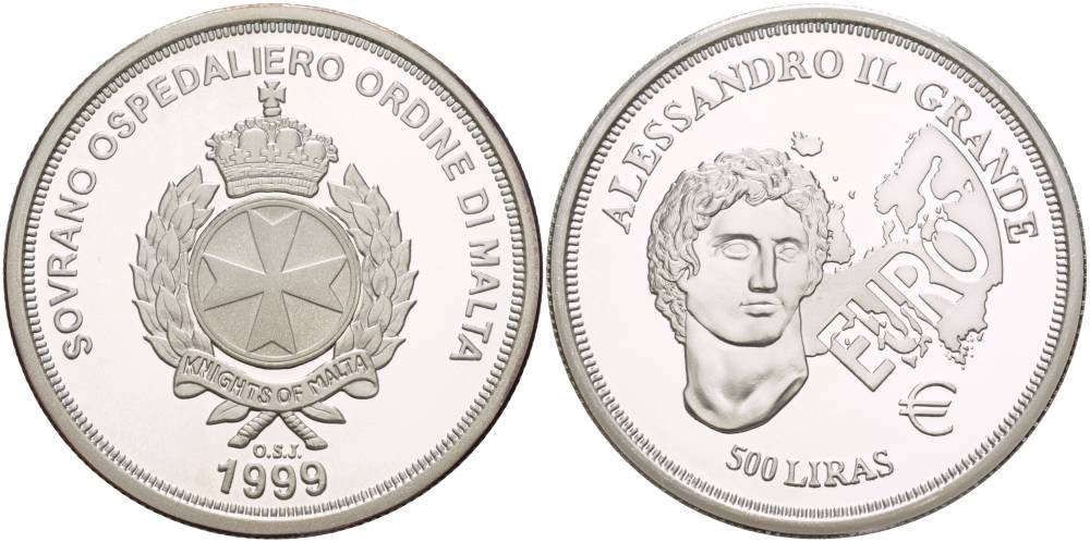 Мальта 500 лир 1999 Александр Великий, еврозона KM Х302 серебро PROOF 00-00