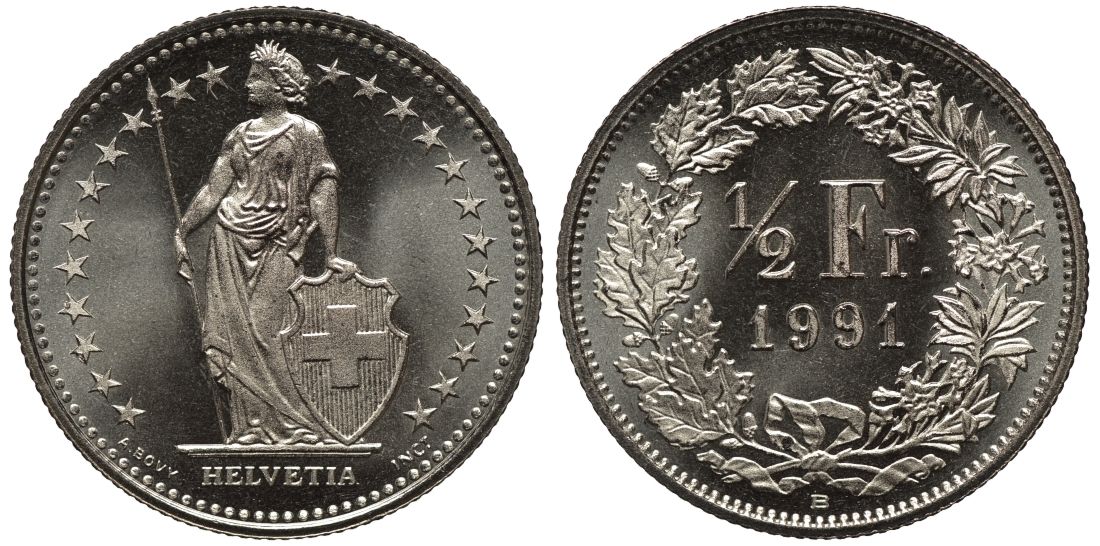 Швейцария 1/2 франка 1991 из банковского ролика KM 23a.3 медно-никель UNC M04-11