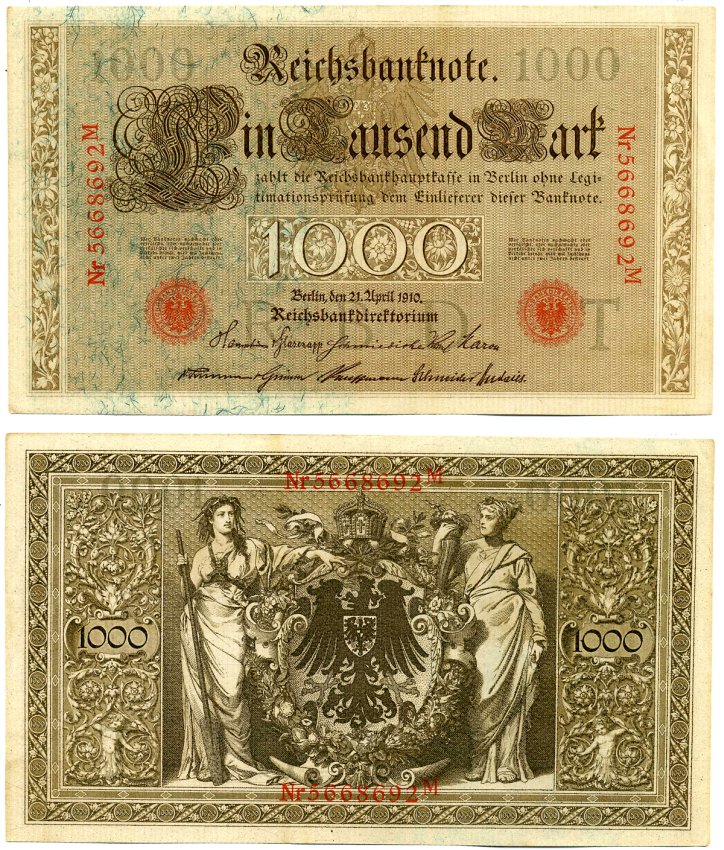 Германия 1000 марок 1910 21 апреля 1910, красная печать, 7 ЦИФР В НОМЕРЕ СЕРИИ, буква T, серия М, выпуск СЕНТЯБРЬ 1922 года Pick 44b, Розенберг 45с бумага XF 8616-48-1-1