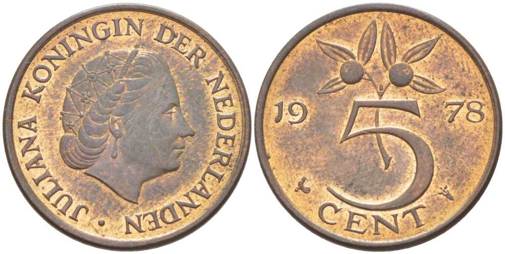 НИДЕРЛАНДЫ 5 ЦЕНТОВ 1978 ЮЛИАНА (1948-1980) KM 181 бронза 213-1147