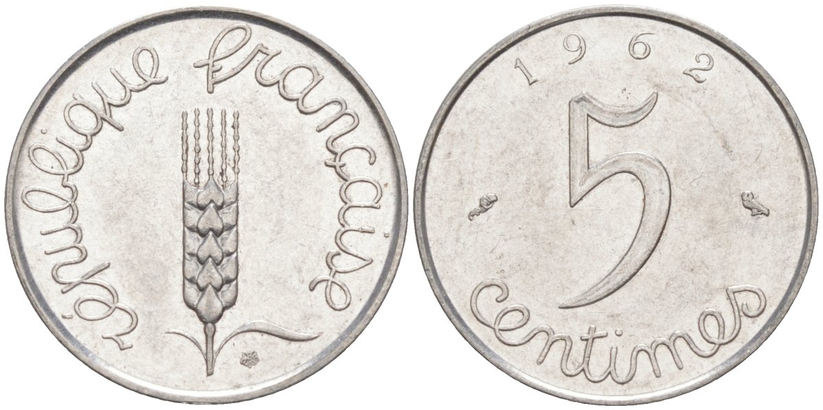 Франция 5 сантимов 1962 Пятая Республика KM 927, Le Franc 124.4 хромированная сталь 187-429