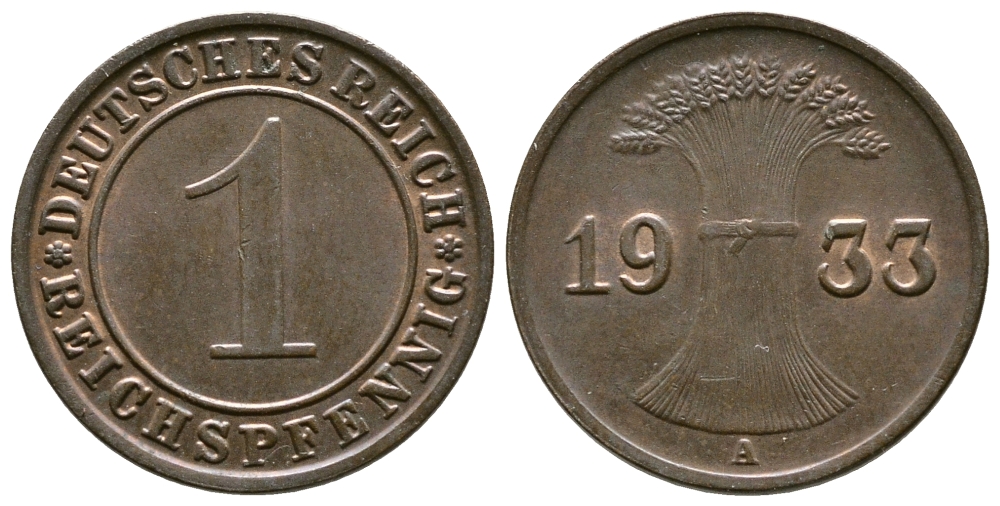 ГЕРМАНИЯ 1 РЕЙХСПФЕННИГ 1933 A KM 37, J. 313 бронза 4380-1238