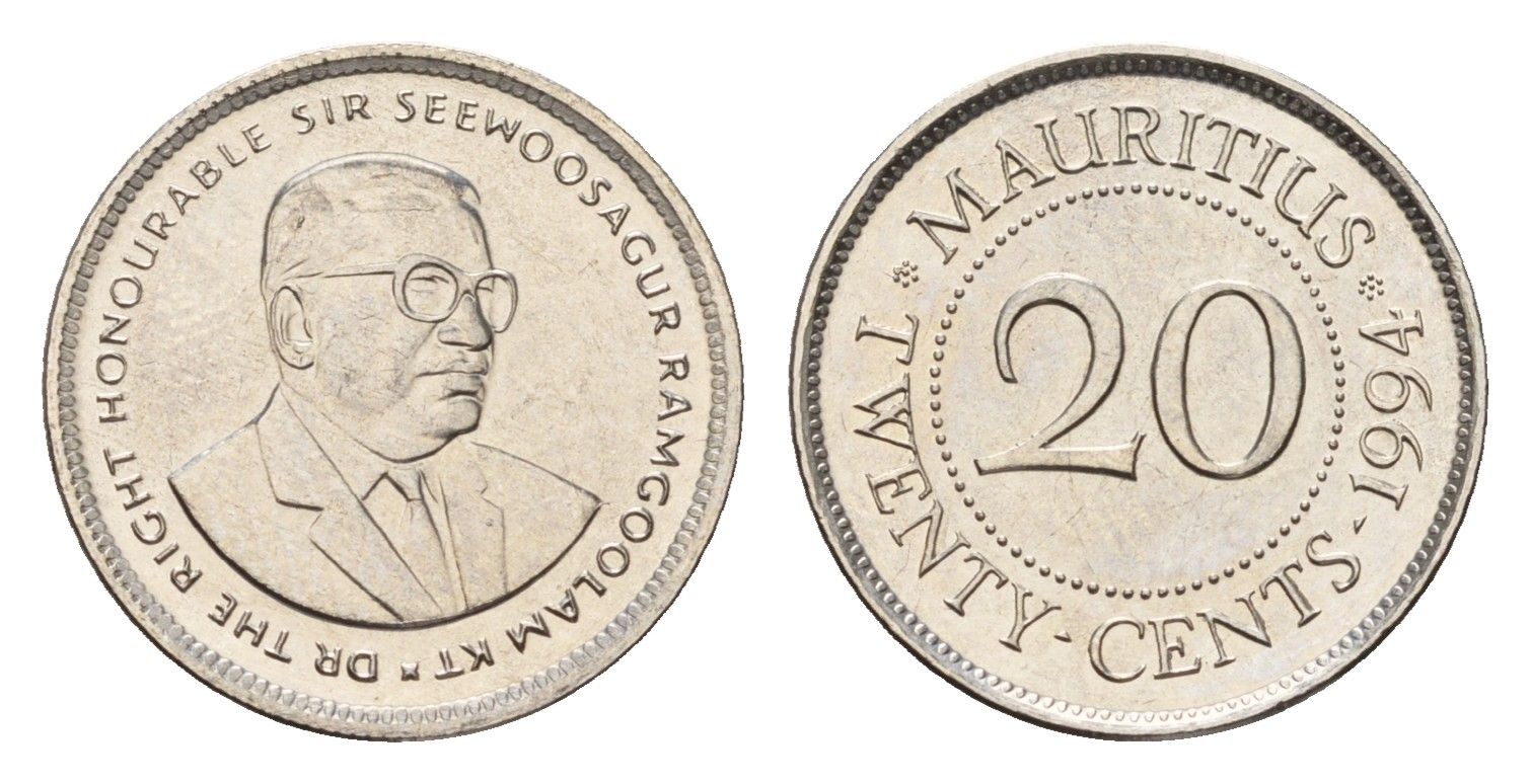 Маврикий 20 центов 1994 KM 53 сталь плакированная никелем UNC 4588-319