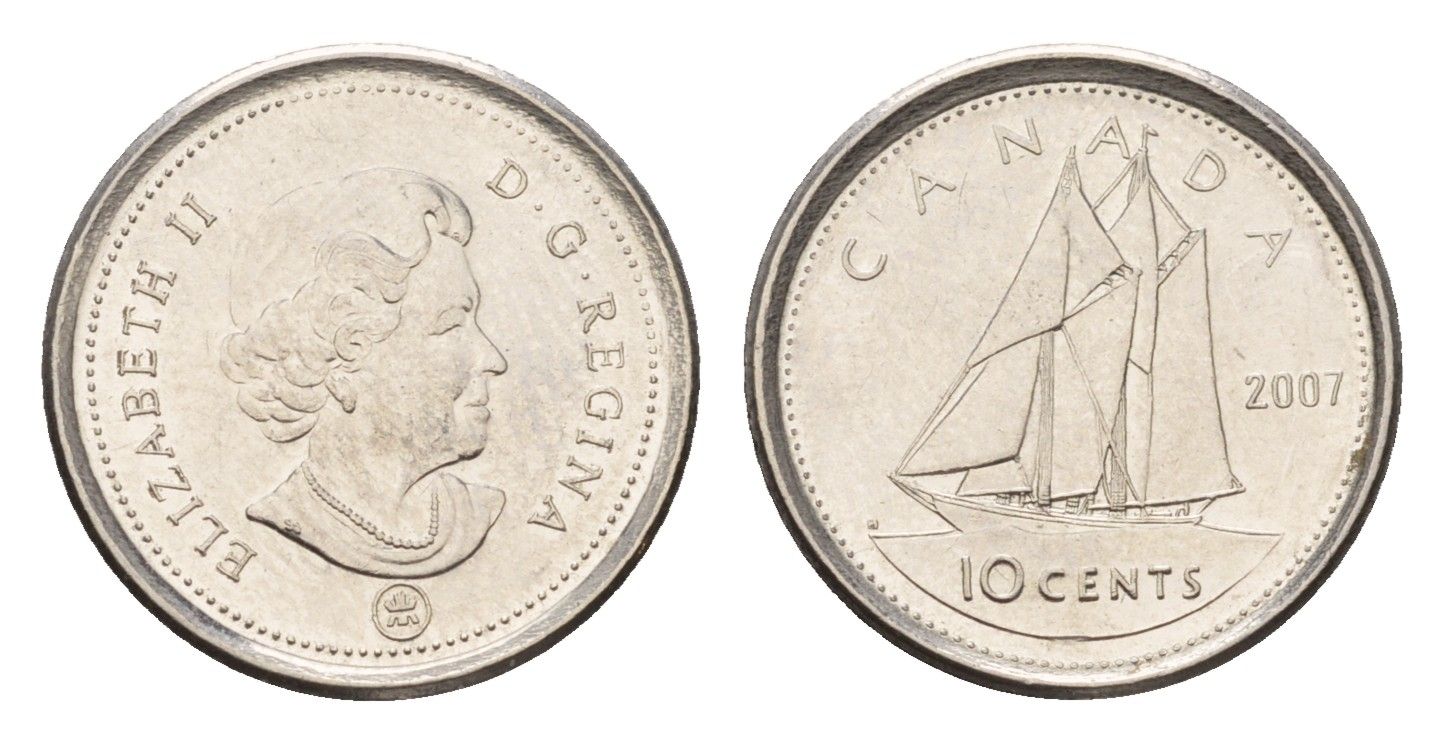 Канада 10 центов 2007 Leaf, Елизавета II (1952-2022), парусник KM 492 сталь плакированная никелем UNC 4689-627