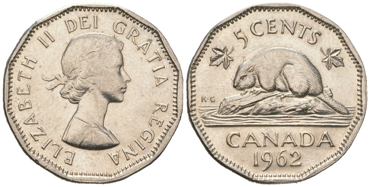 Канада 5 центов 1962 Елизавета II (1952-2022), бобер KM 50a никель 4364-3125